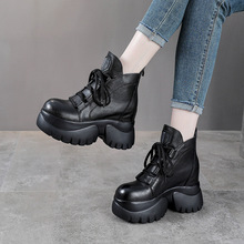 真皮马丁靴女秋冬新款松糕跟单靴头层牛皮女靴子厚底增高机车短靴