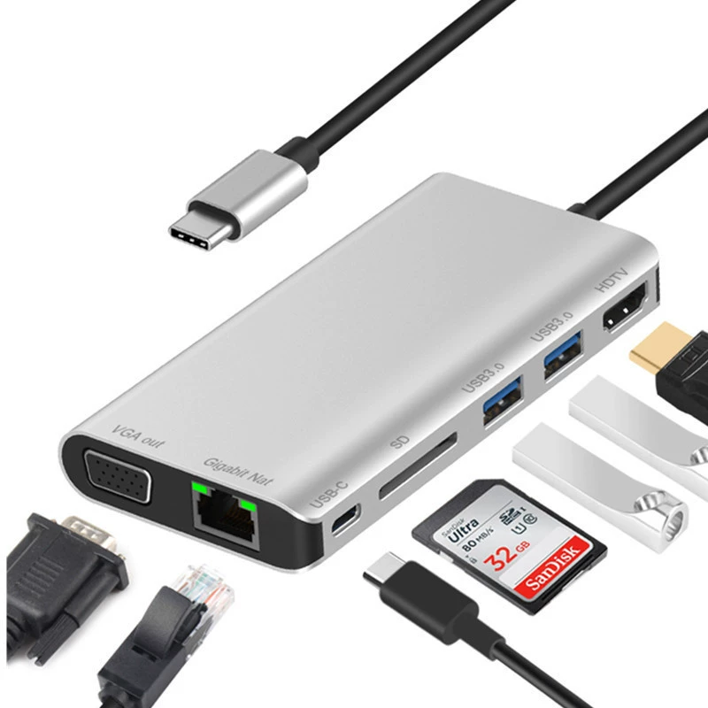 Тип расширения док Bayi USBC на HDMI VGA PD RJ45 гигабитный конвертер HD 4K расширение док-станция