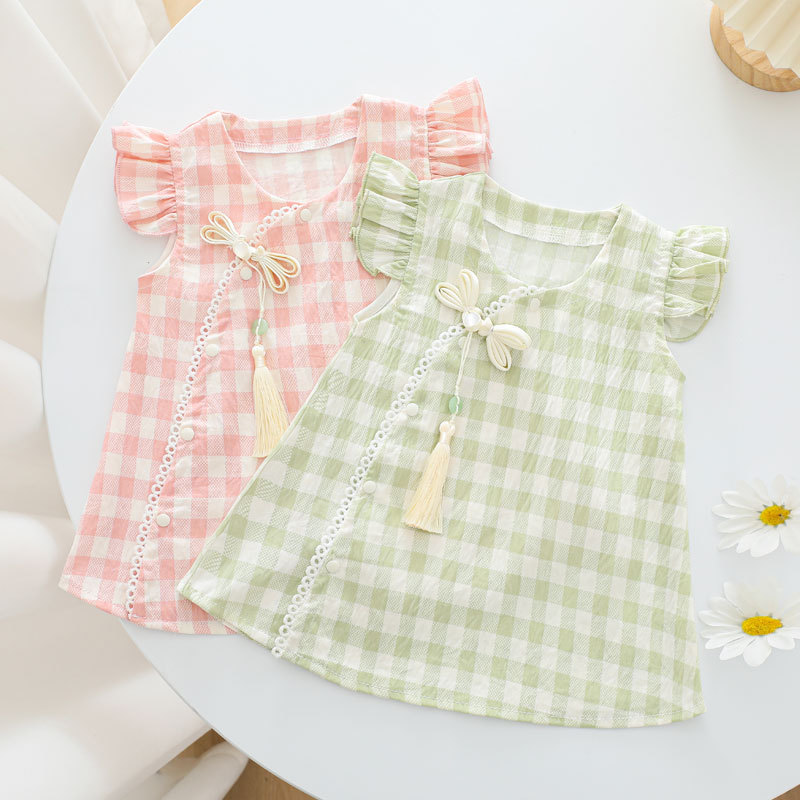 Children's Clothing Summer New Yellow Plaid Sister Girl's Dress One-Piece Cloud Cotton a Skirt