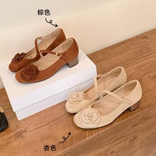 真皮版！半曲法式中跟玛丽珍鞋女花朵2025年新款粗跟方头浅口单鞋