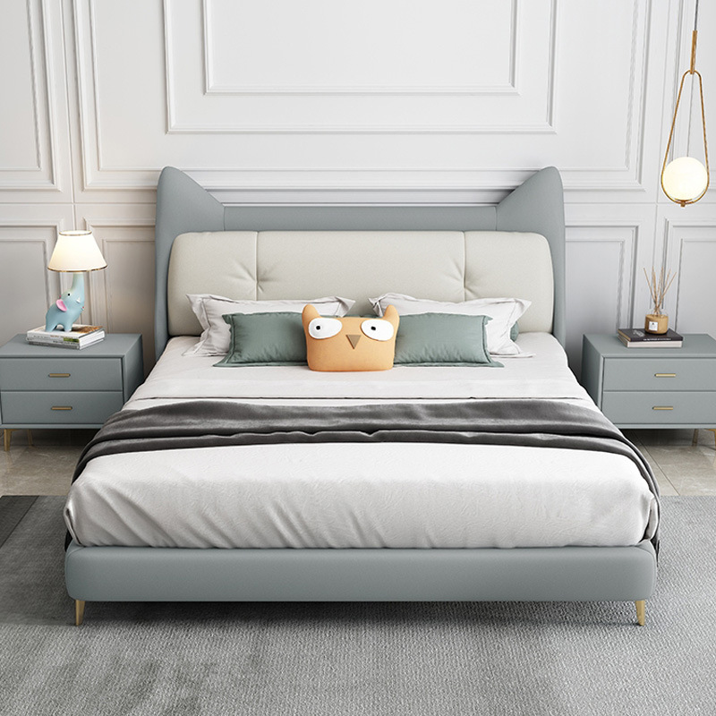 Italian Minimalist Leather Bed Light Luxury Technology Cloth Bed Boys and Girls Children Solid Wood Cat Head Bed Bedroom Combination Set