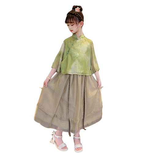 Ladies' Summer Children's Traditional Chinese Dress with a Touch of Modern Elegance - 2024 New Arrival for Older Children - Two-Piece Ancient Style Summer Outfit