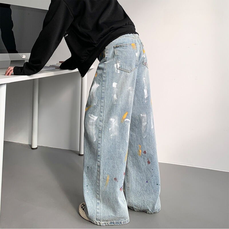 American Vibe Splash-Ink Jeans Men's Spring High Street Retro Loose Wide-Leg Pants Trendy Brand Graffiti Straight Pants American Vibe Splash-Ink Jeans Men's Spring High Street Retro Loose Wide-Leg Pants Trendy Brand Graffiti Straight Pants