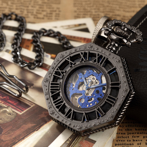 Amazon Hot Selling Skeleton Pocket Watch Engraved Octagonal Mechanical Pocket Watch Retro Roman Blue Numbers Wholesale