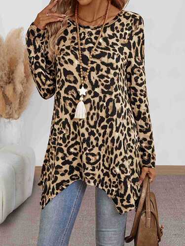 International Trade Cross-Border T-shirt Long Sleeve Loose Casual Crew Neck Leopard Print Knit Elastic Asymmetric Hem Autumn Top