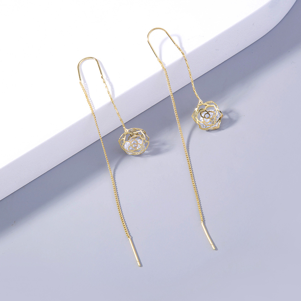 European And American Long Tassel Rose Flower Zircon Crystal Earrings display picture 5