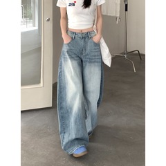 水洗复古怀旧宽松牛仔裤女2025秋季新款高腰显瘦阔腿长裤弯刀裤子