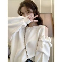 服装批发灰色卫衣大码宽松长袖露肩女春秋薄款无帽辣妹中长款上衣