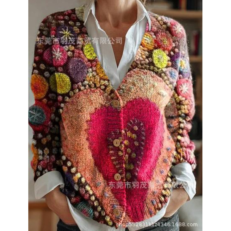 Cross-Border New Style Floral 3D Digital Printing Autumn and Winter Large V Neck Cardigan Short Long-Sleeved Sweatshirt European and American Clothing