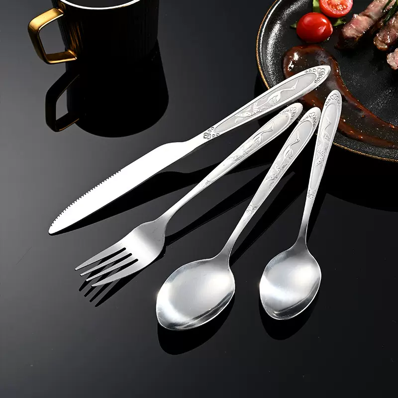 加厚松鹤刀叉勺家用圆尖勺不锈钢酒店西餐水果刀叉创意花纹餐具