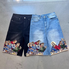 2025耶稣图案印花后口袋众人图案男士牛仔短裤men short jeans