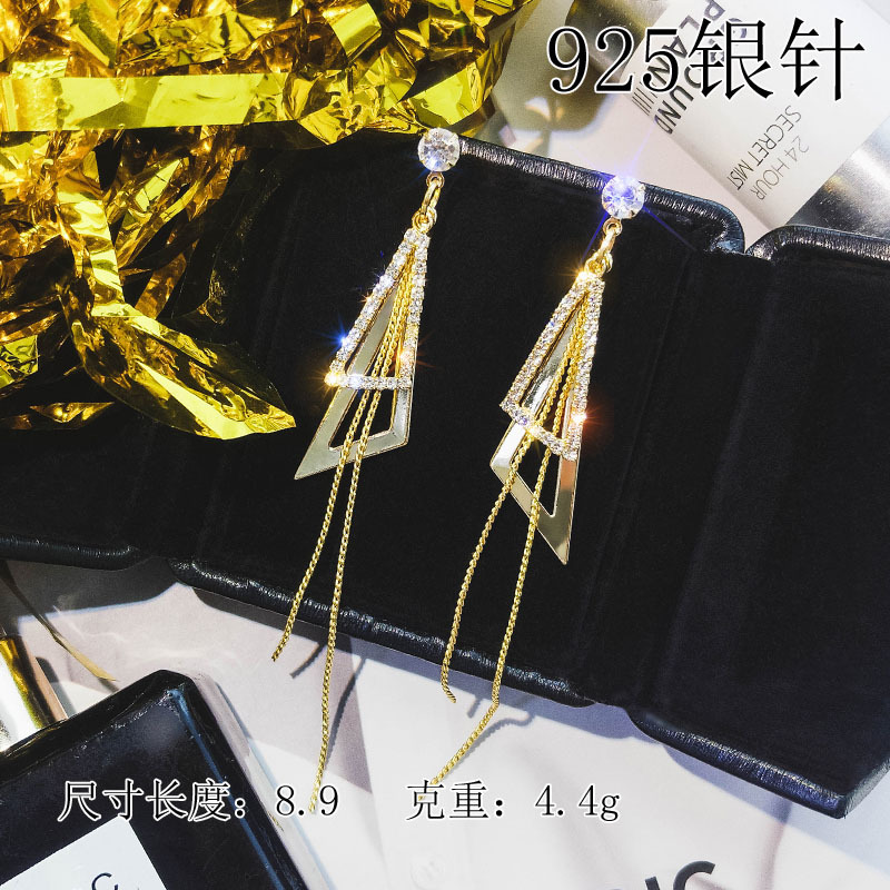 S925银针韩国几何三角满钻感气质长款耳钉