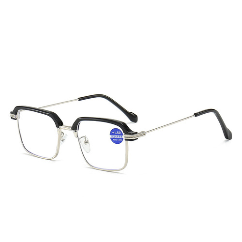New Anti-blue light reading glasses with black and silver metal frame, square shape, fatigue-resistant, long-wearing, non-dizzy, comfortable elderly glasses