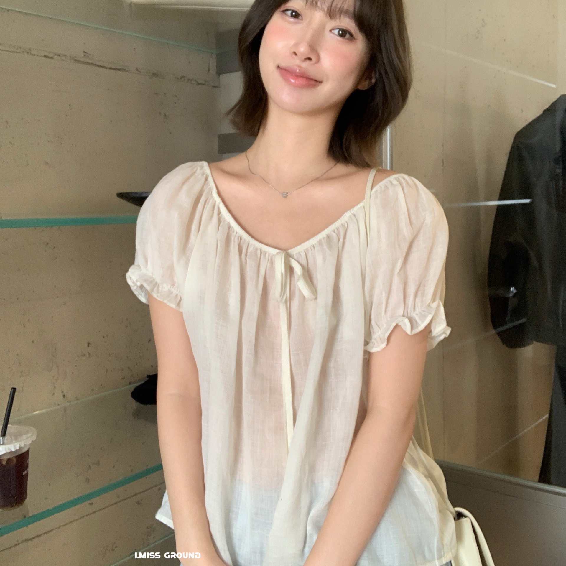 Áo sơ mi nữ tay bồng dây rút chất liệu ramie phong cách Pháp — xanh đậm, màu hồng, Xanh nước, ngọc trai trắng