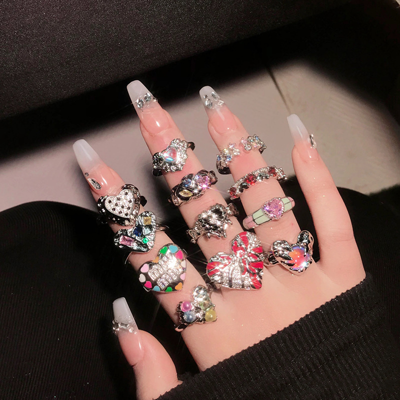 秋冬搭配彩色愛心開口戒指滴油冷淡風甜美鋯石ins氣質復古指環潮