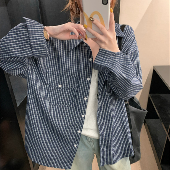 [60 Cotton 40 Polyester] Korean High-Count Cotton Loose Slimming Look Long-Sleeved Versatile Plaid Shirt Women's Spring & Fall Jacket