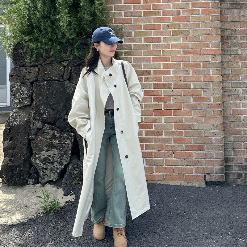 奶白色立领风衣女2025年春秋新款韩版设计感宽松单排扣收腰外套潮|undefined