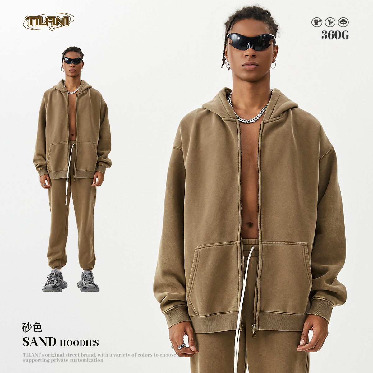 TILANI suéter de los hombres cardigan forrado de lana engrosada cremallera abrigo 360g lavado vintage encerado casual Sudadera con capucha