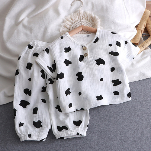 Children's Double-Layer Cotton Yarn Set Summer Thin Boys' and Girls' Pure Cotton Homewear Pajamas Muslin Air-Conditioning Clothes Children's Clothing