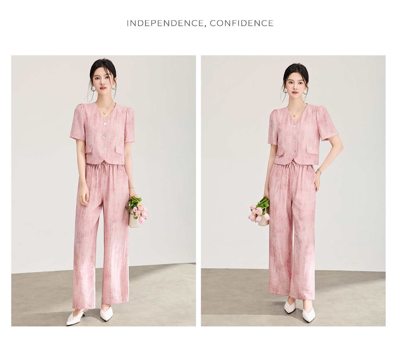 Bộ áo len cổ chữ V kết hợp quần ống rộng nữ phong cách Pháp mùa hè — màu hồng chi tiết 13