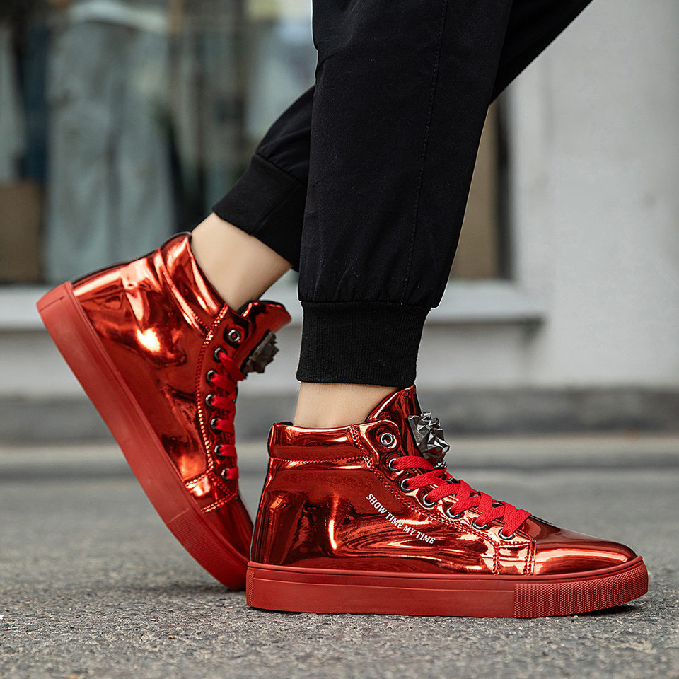 Giày sneaker nam cổ cao da bóng phong cách Hàn Quốc, giày thể thao thời trang cá tính — Bạc, màu xanh, màu đen, màu đỏ chi tiết 25