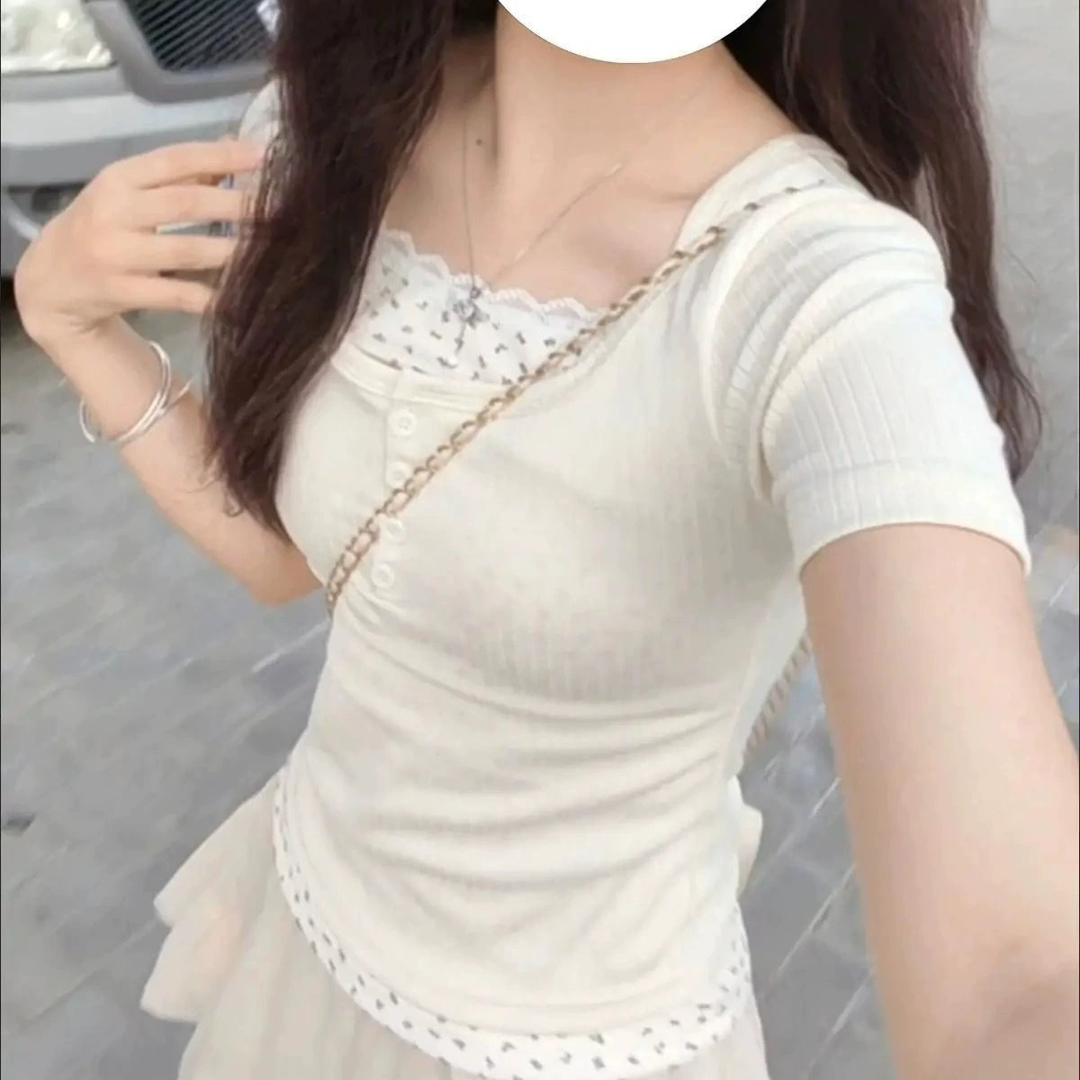Корейская чистая ветреная кружевная поддельная футболка с двумя короткими рукавами женская летняя французская сладкая и пряная тонкая рубашка