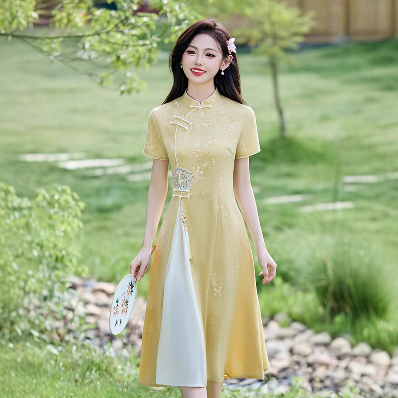Yellow New Chinese-Style Cheongsam for Exams, Slightly Slimming, Improved Young Style, 2025 New Women's National Dress for Summer