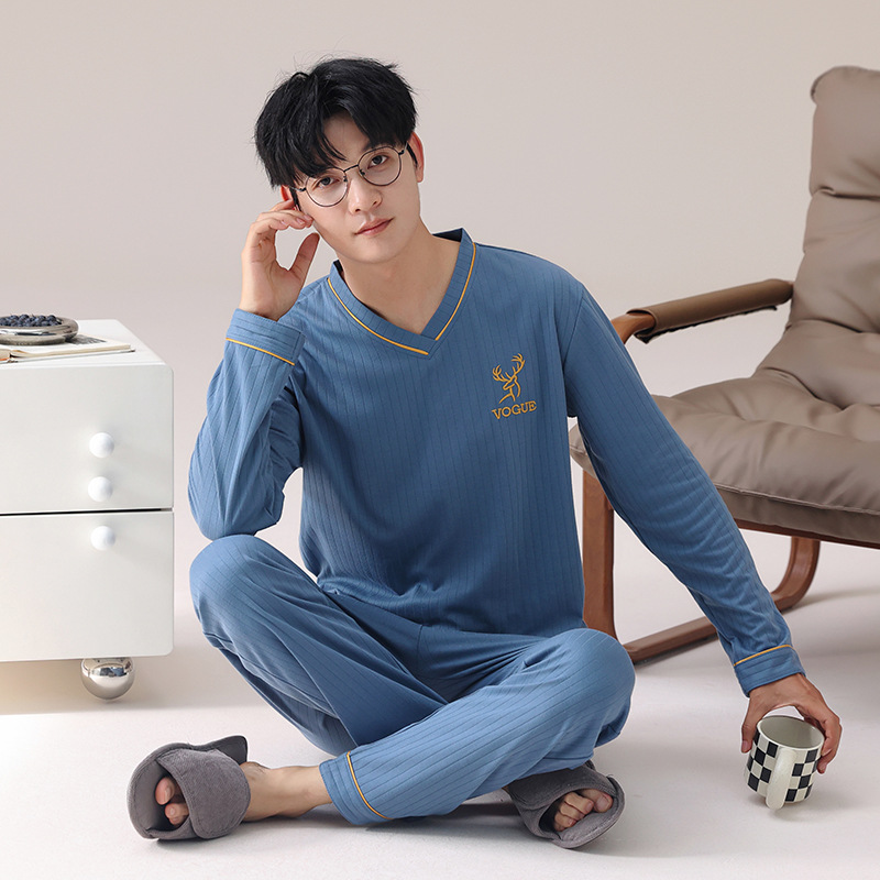 2024 Shantou a generation of spring and autumn cotton pajamas V collar men's long sleeve plus size pullover home clothing suit