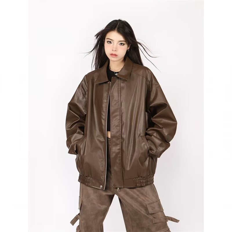 Brown Leather Jacket Men's and Women's Autumn Fashion Brand Street Style Motorcycle Lapel American Retro PU Couple Jacket Brown Leather Jacket Men's and Women's Autumn Fashion Brand Street Style Motorcycle Lapel American Retro PU Couple Jacket