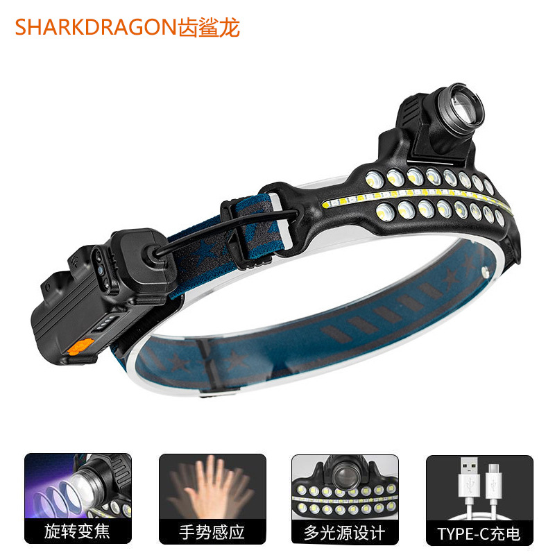 New Cross-Border XPG + COB Induction Headlamp, Type-C Rechargeable, Outdoor Red Light Warning LED, High-Intensity Work Headlight