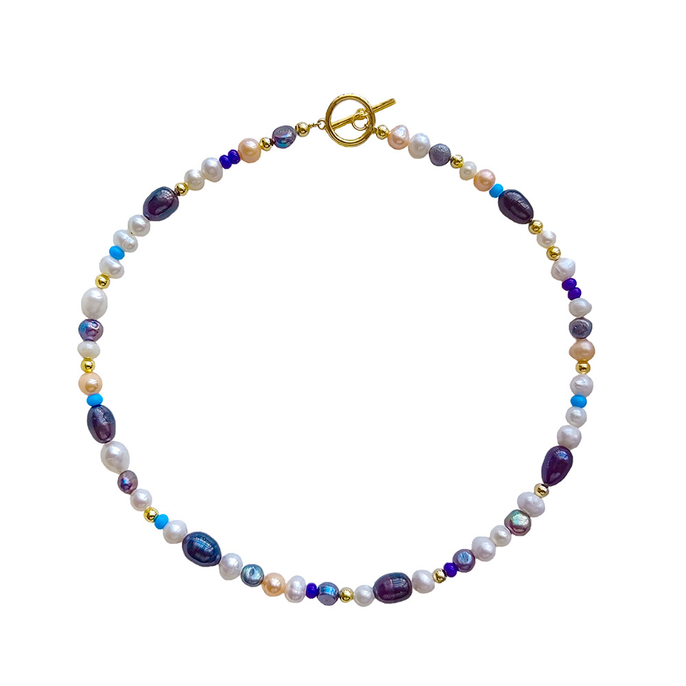 Freshwater Pearl, Copper Material Sweet Multicolor Freshwater Pearl Copper Beaded Knitting Plating Necklace