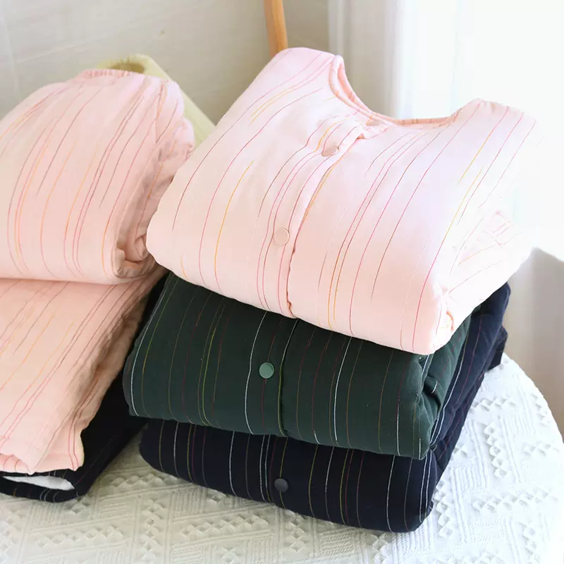 秋冬三层夹棉纯棉双层纱布加厚保暖家居服套装全棉条纹女睡衣套装