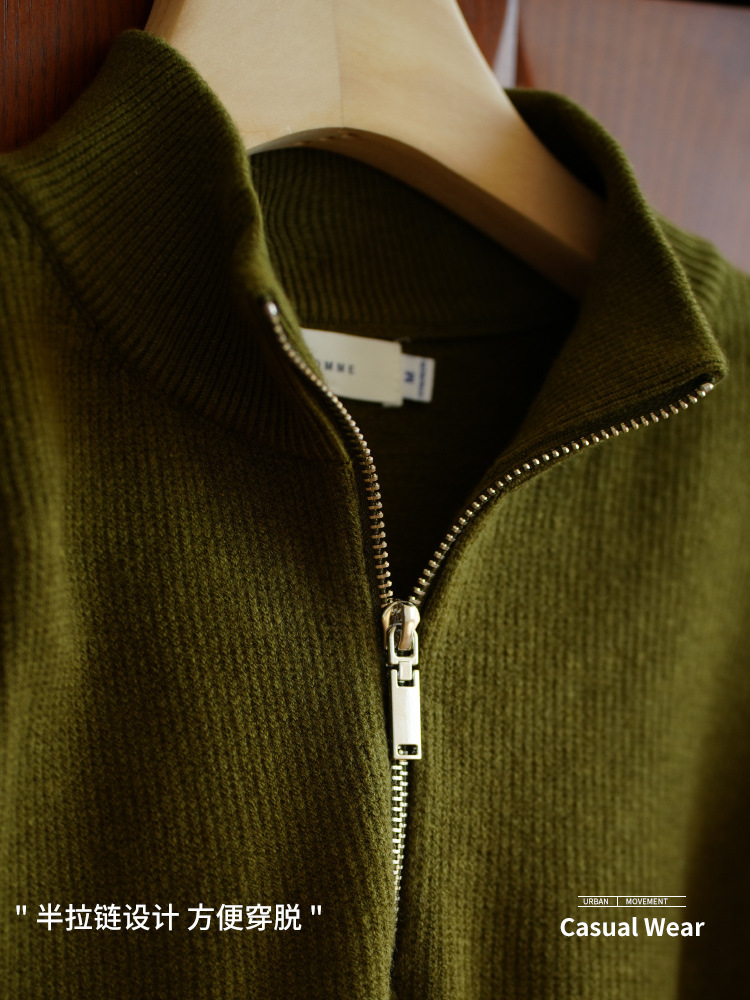 レトロヘビーウェイトハーフジップメンズニットジャケット 2025 秋の新カジュアル暖かいセーターカーディガンメンズ