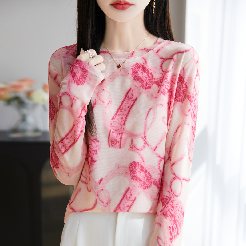 Tencel Long-Sleeved Double-Layer Gauze Knitted T-Shirt for Women, New Summer Style, High-End Water-Soluble Printed Round-Neck Sun Protection Blouse Top Tencel Long-Sleeved Double-Layer Gauze Knitted T-Shirt for Women, New Summer Style, High-End Water-Soluble Printed Round-Neck Sun Protection Blouse Top