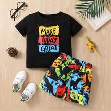 男童夏季套装休闲装字母短袖上衣满印卡通恐龙印花套装两件套潮