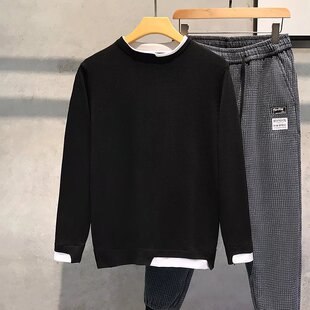 Fake Two-piece Sweater Men's Spring and Autumn New Fashion Long-sleeved Sweater Round Neck Korean Style Coat Slim-fit Base Top