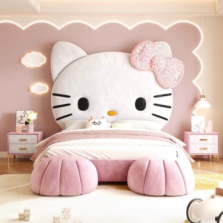 Cama infantil, cama princesa, cama individual de 1.5m, cama de gato rojo kt simple, cama de tela multifuncional moderna