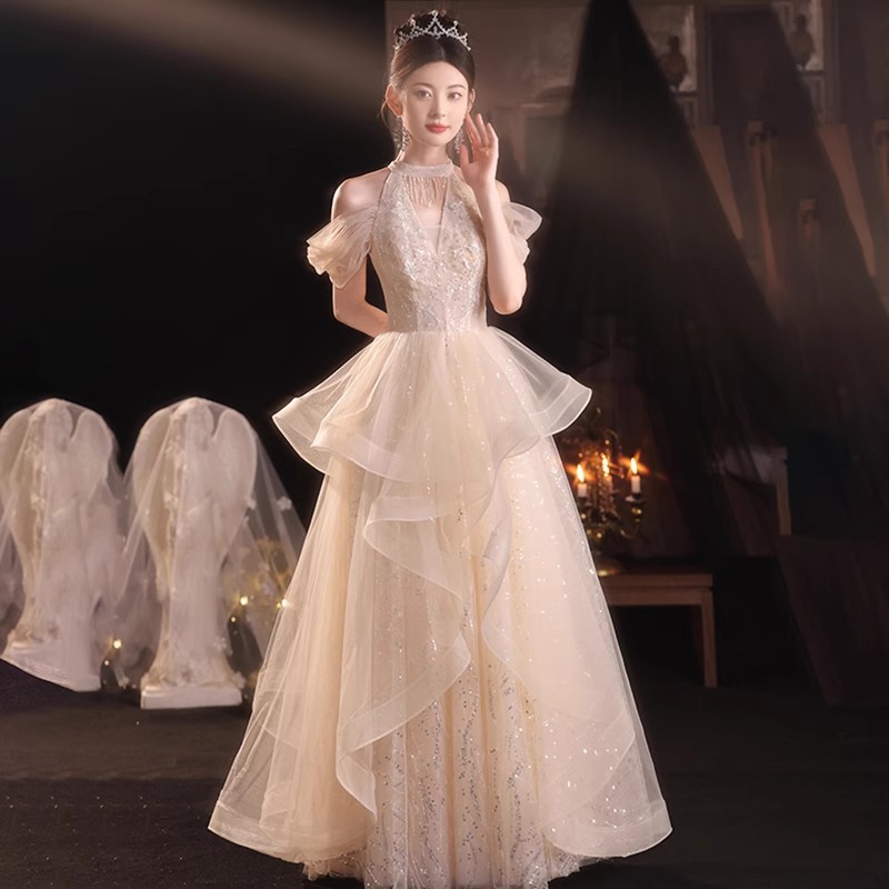 Elegant Evening Gown For Women, Champagne Sequin Cocktail Party Dress For Hosting, Birthday, Banquet, Prom & Formal Events_ecoleips.com