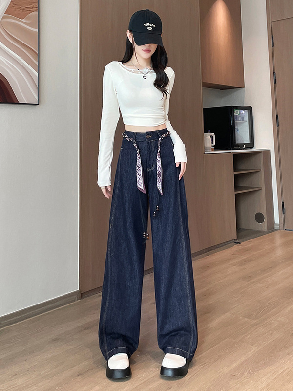 法式丝巾腰带甜酷辣妹风时尚牛仔裤女设计感宽松新款秋冬季阔腿裤|undefined