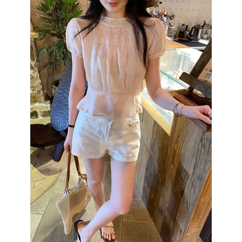 European-Style French Lace Patchwork Puff Sleeve Chiffon Blouse for Women, New Summer Model, Lyocell Tencel Ramie Short Top
