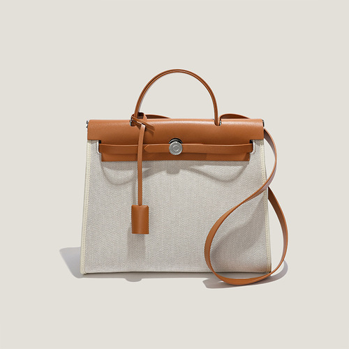 New niche herbag Kelly bag canvas shoulder portable crossbody bag high-end commuter tote genuine leather women's bag