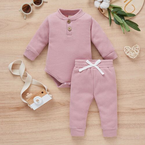 Basic spring and autumn suits for boys and girls, infants and young children, cotton waffle stand-up collar hoodie + trousers two-piece set foreign trade children's clothing