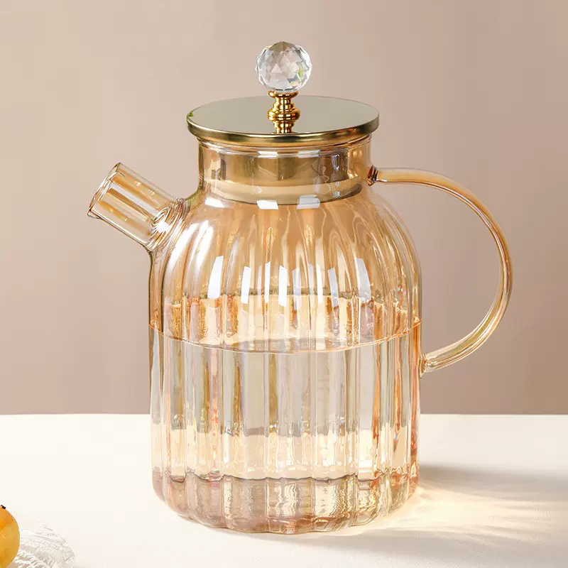 批发高硼硅玻璃冷水壶耐高温泡茶壶家用扎壶轻奢金色凉水壶大容量