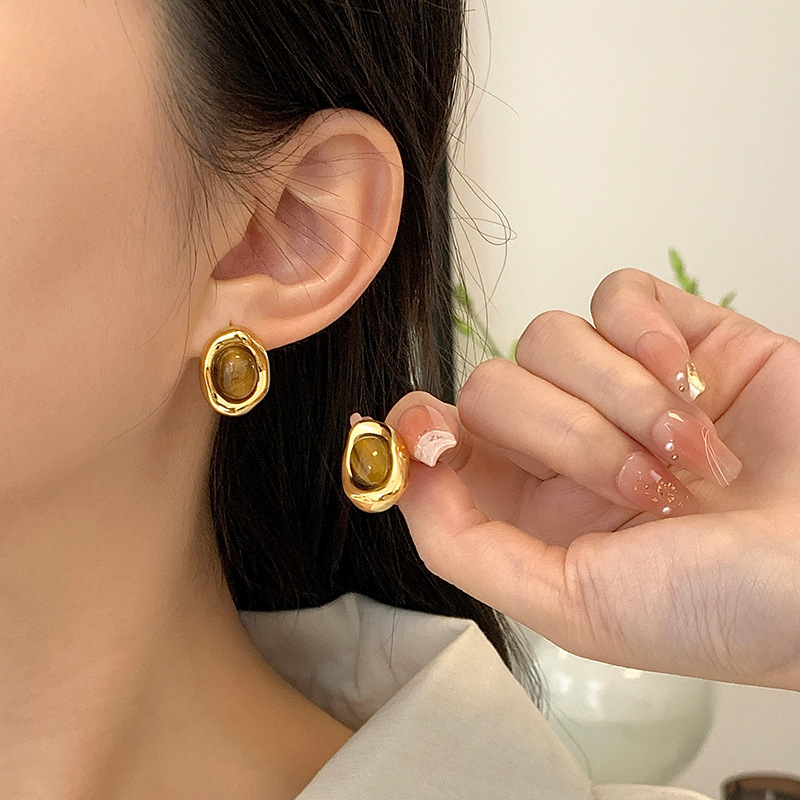 Oval Stud Earrings Tiger Eye Black Agate French Style For Women_voghion.com