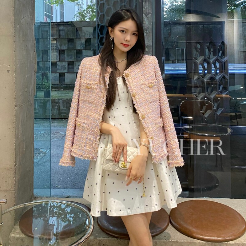 2025 Spring New Women's High-end Design Niche Top Chanel Style Pink Dirty Gold Style Thin Short Coat