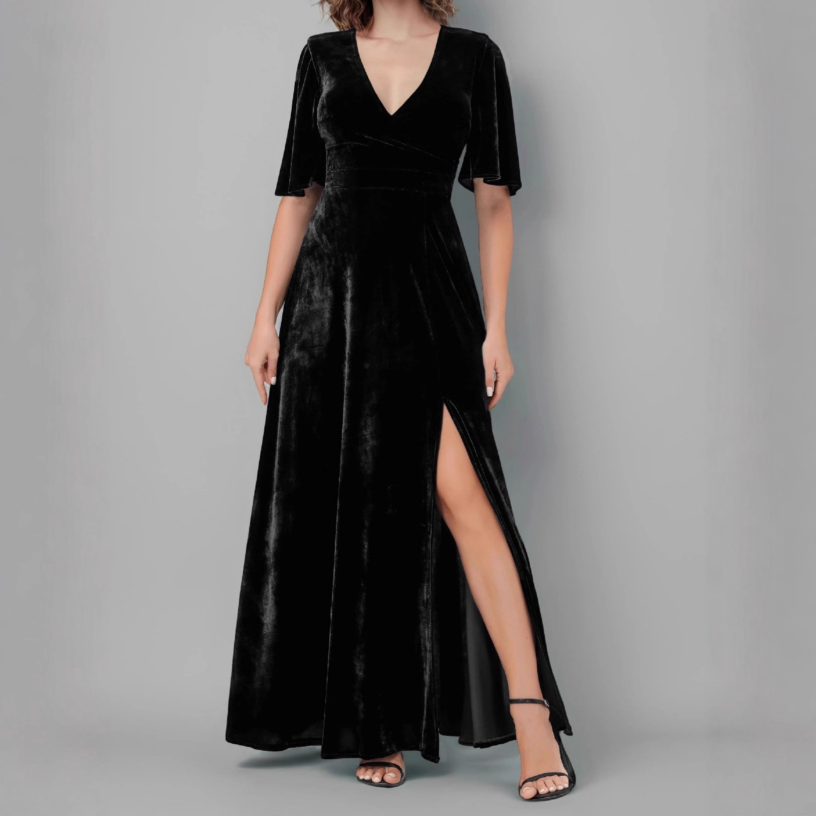 2025跨境欧美亚马逊新款V领时尚开叉气质纯色礼服连衣裙