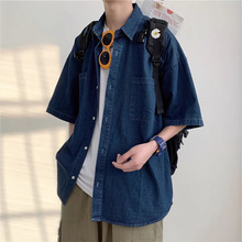 港风复古牛仔衬衫夏季男款潮牌短袖衬衣青少年宽松休闲工装薄外套