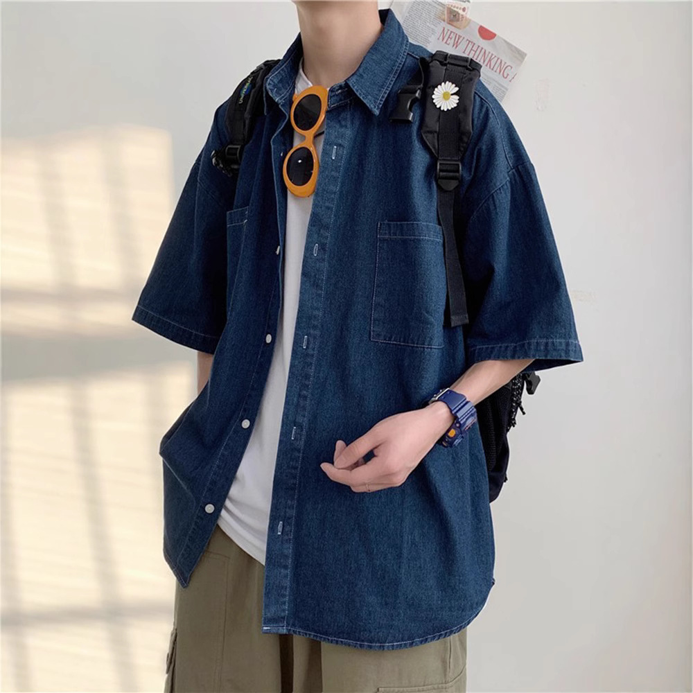 港风复古牛仔衬衫夏季男款潮牌短袖衬衣青少年宽松休闲工装薄外套
