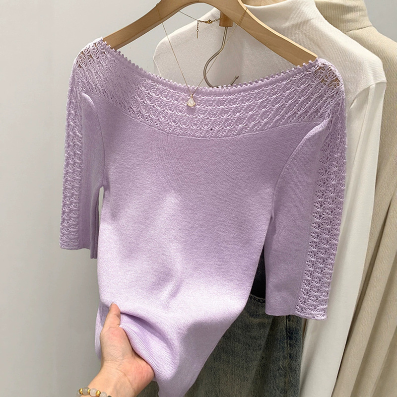 Purple Slim-Fit Hollow-Out Round-Neck Half-Sleeve Knit T-Shirt for Women, 2026 Summer New Style, Unique and Stunning Waist-Cinching Top Purple Slim-Fit Hollow-Out Round-Neck Half-Sleeve Knit T-Shirt for Women, 2026 Summer New Style, Unique and Stunning Waist-Cinching Top