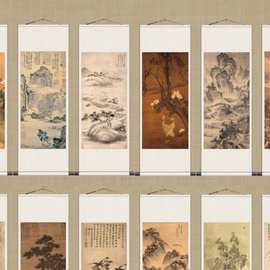 明代名家字画仿古卷轴画办公室山水花鸟挂画国画文徵明溪桥策杖图